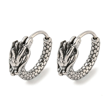 316 Surgical Stainless Steel Hoop Earrings, Antique Silver, Dragon, 14.5x6mm