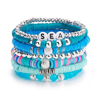 Handmade Polymer Clay Heishi Beads Stretch Bracelets Set, Transparent Glass Round Beads Bracelets, Sea Word Acrylic Beads Bracelets for Women, Blue, Inner Diameter: 2-1/4 inch(5.6cm), 7pcs/set
