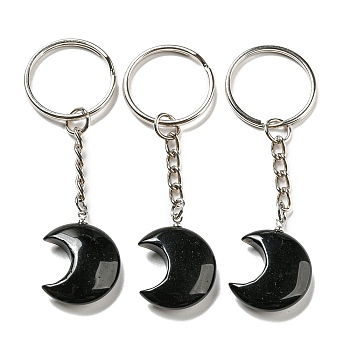 Reiki Natural Obsidian Moon Pendant Keychains, with Iron Keychain Rings, 7.8cm