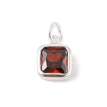 925 Sterling Silver Pave Cubic Zirconia Square Charms with Jump Rings and 925 Stamp, Silver Color Plated, Dark Red, 8.5x6.5x3.5mm, Hole: 2.5mm