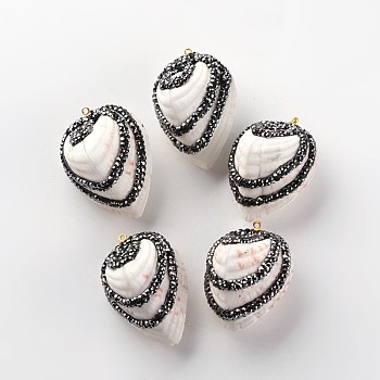 Teardrop Shell Pendants, with Polymer Clay Rhinestone and Platinum Tone Brass Findings, White, 38~42x27~30x25~30mm, Hole: 2mm
