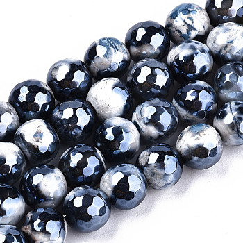 Electroplate Natural Fire Crackle Agate Beads Strands, Dyed, Faceted, Pearl Luster Plated, Round, Dark Slate Gray, 8.5x7~8mm, Hole: 1.2mm, about 47~48pcs/strand, 13.78 inch~13.98 inch(35cm~35.5cm)