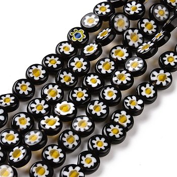 Handmade Millefiori Glass Flat Round Bead Strands, Single Flower Design, Black, 8x4mm, Hole: 1mm, about 53pcs/strand, 14.7 inch