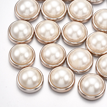 ABS Plastic Imitation Pearl Cabochons, with UV Plating Acrylic Findings, Half Round, Light Gold, Creamy White, 17x9mm
