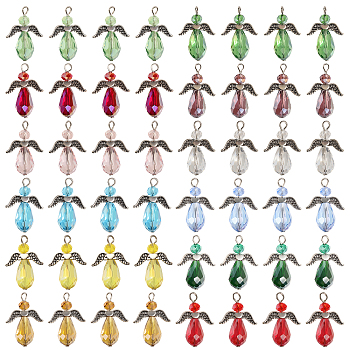 48Pcs 12 Color Electroplate Glass Pendants, Faceted Angel Charms, with Platinum Tone Iron Loops, Mixed Color, 30x20x10mm, Hole: 3mm, 4Pcs/color