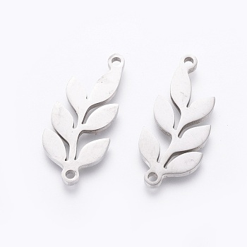 201 Stainless Steel Links, Manual Polishing, Leaf, Stainless Steel Color, 22.5x10x1.5mm, Hole: 1.2mm
