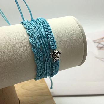 Bohemian Style 3Pcs Bracelets Set, Braided Bracelets, Beach Turtle Waxed Thread Handmade Rope Bracelets, Deep Sky Blue