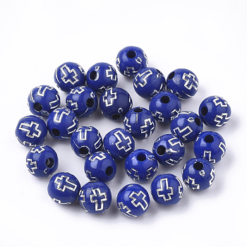 Plating Acrylic Beads, Silver Metal Enlaced, Round with Cross, Blue, 8mm, Hole: 2mm, about 1800pcs/500g