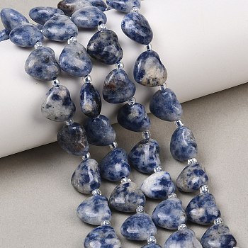 Natural Blue Spot Jasper Beads Strands, Puffy Heart, Top Drilled, with Seed Beads, 10.7~11.5x11.6~12.3x5.4~6.3mm, Hole: 1.2~1.3mm, about 28pcs/strand, 15.75''(40cm)