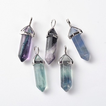 Natural Fluorite Double Terminated Pointed Pendants, with Random Alloy Pendant Hexagon Bead Cap Bails, Bullet, Platinum, 36~45x12mm, Hole: 3x5mm, Gemstone: 10mm in diameter