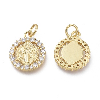 Brass Micro Pave Clear Cubic Zirconia Charms, with Jump Rings, Long-Lasting Plated, Flat Round with Jesus, Real 18K Gold Plated, 16x13x2mm, Jump Ring: 5x1mm, Hole: 3.5mm