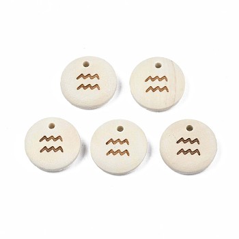 Laser Out Wood Pendants, Flat Round with 12 Constellations, Undyed, Aquarius, 15x4mm, Hole: 1.6mm
