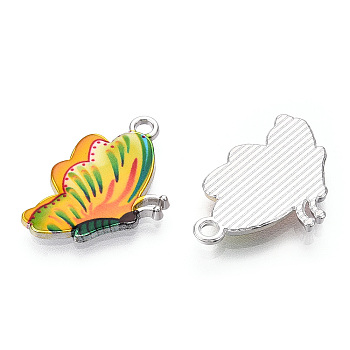 Printed Alloy Pendants, with Enamel, Butterfly, Platinum, Yellow Green, 24.5x16x2mm, Hole: 2mm