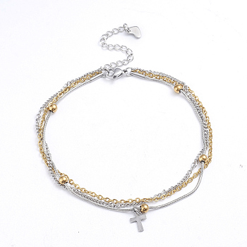 304 Stainless Steel 3-strand Chain Bracelets, Cross Charm Bracelets, with Lobster Claw Clasps, Golden & Stainless Steel Color, 8 inch(20.3cm)