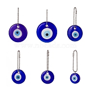 Flat Round with Evil Eye Glass Pendant Decoration, with 201 Stainless Steel Ball Chains, Blue, 72~98mm, 6pcs/set(HJEW-JM00883)