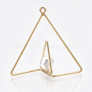 Brass Pendants, Real 18K Gold Plated, with ABS Plastic Imitation Pearl, Triangle, White, 29.5x30.5x10mm, Hole: 1.2mm(KK-S348-069)