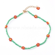Opaque Glass Seed Beaded Necklaces, with Alloy Lobster Claw Clasps, Flower, Golden, Green, 12.59 inch(32cm)(NJEW-JN03339)