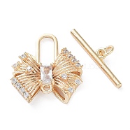 Brass Pave Clear Cubic Zirconia Toggle Clasps, with Glass, Bowknot, Real 18K Gold Plated, Bar: 4.5x21x2mm, Hole: 1.4mm, Bowknot: 20.5x19x5mm, hole: 1.5mm(KK-G474-04G)