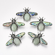 Natural Green Aventurine Brooches/Pendants, with Rhinestone and Alloy Findings, Abalone Shell/Paua Shelland Resin Bottom, Bee, Antique Silver, 36x56.5x14mm, Hole: 7x4mm, Pin: 0.7mm(G-S353-08H)