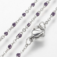304 Stainless Steel Chain Necklaces, with Enamel, Platinum, Purple, 17.91 inch(45.5cm), 2mm(NJEW-K099-01G)