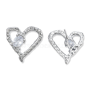 Clear Cubic Zirconia Heart Stud Earrings, Brass Jewelry for Women, Cadmium Free & Nickel Free & Lead Free, Real Platinum Plated, 19.5x20mm, Pin: 0.7mm(EJEW-N012-51P-B)