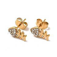 Rhinestone Fishbone Stud Earrings with 316 Surgical Stainless Steel Pins, Gold Plated 304 Stainless Steel Jewelry for Women, Crystal, 10.5x6mm, Pin: 0.7mm(EJEW-A081-13G-02)