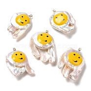 Baroque Style Natural Keshi Pearl Pendants with Enamel, Smiling Face Print Nuggets Charms with Golden Tone Brass Pendant Bails, Seashell Color, 31~38x21~25x8~11mm, Hole: 1.2mm(PEAR-G013-05)