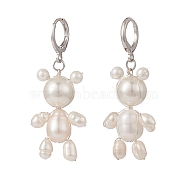 Natural Pearl Bear Dangle Leverback Earrings, Brass Wire Wrap Long Drop Earrings for Women, Platinum, 45mm, Pin: 0.8mm(EJEW-TA00155)
