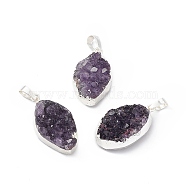 Natural Amethyst Druzy Pendants, with Rack Plating Brass Findings, Cadmium Free & Lead Free, Oval Links, Silver, 27~31x16~18x11~13mm, Hole: 8x5mm(G-C002-05S)