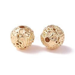 Brass Hollow Beads, Round with Flower, Champagne Gold, 7.5mm, Hole: 1.5mm(KK-P226-33CG)