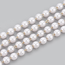 3.28 Feet Handmade Brass Beaded Chains, Soldered, with Spool, ABS Plastic Imitation Pearl, Real 18K Gold Plated, White, 6x5.7mm(X-CHC-S003-17D)