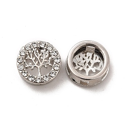 Alloy Slide Charms, with Crystal Rhinestone, Flat Round with Tree of Life, Platinum, 12x5mm, Hole: 2mm(PALLOY-B009-23P)