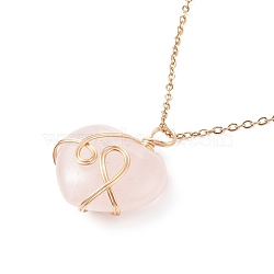 Copper Wire Wrapped Natural Rose Quartz Heart Pendant Necklaces, Golden Plated 304 Stainless Steel Necklace for Women, 17.32 inch(44cm), 1.5mm(NJEW-JN03970-01)