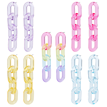 5 Pairs 5 Colors Acrylic Cable Chains Dangle Stud Earrings, Long Drop Earrings, Mixed Color, 87x20mm, 1 pair/color