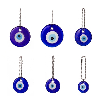 Flat Round with Evil Eye Glass Pendant Decoration, with 201 Stainless Steel Ball Chains, Blue, 72~98mm, 6pcs/set