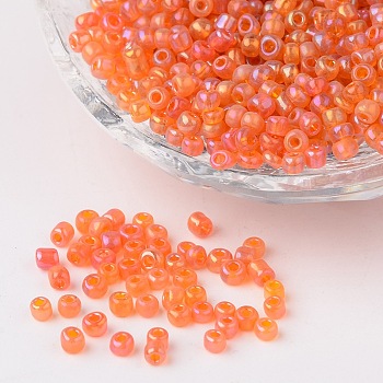 Transparent Colours Rainbow Round Glass Seed Beads, Orange Red, Size: about 3mm in diameter, hole: 1mm, about 1102pcs/50g