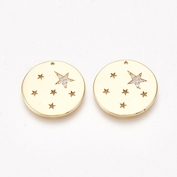 Brass Pendants, with Cubic Zirconia, Flat Round with Star, Clear, Nickel Free, Real 18K Gold Plated, 20x1.5mm, Hole: 1mm