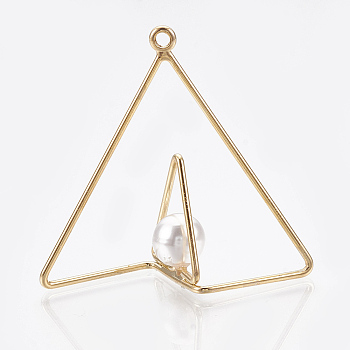 Brass Pendants, Real 18K Gold Plated, with ABS Plastic Imitation Pearl, Triangle, White, 29.5x30.5x10mm, Hole: 1.2mm