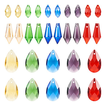 Pandahall 30Pcs 15 Styles Transparent Glass Pendants, Faceted, Teardrop & Icicle U Drop Charms, Mixed Color, 12~22x6~13mm, Hole: 1~1.4mm, 2Pcs/style