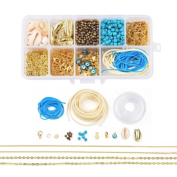 Ocean Theme DIY Bracelet Making, with Iron Chains, Alloy Pendants, Glass Seed Beads, Enamel Charms, Nylon Thread, Elastic Thread and Korean Waxed Polyester Cord, Golden, 13.5x7x3cm