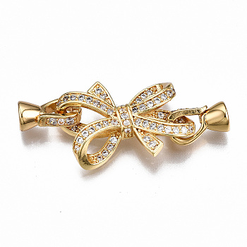 Brass Micro Pave Clear Cubic Zirconia Fold Over Clasps, Nickel Free, Bowknot, Real 18K Gold Plated, 41mm long, Bowknot: 18x23x5.5mm, Hole: 8x3mm, Clasps: 12x7x5.5mm, Hole: 3.5mm