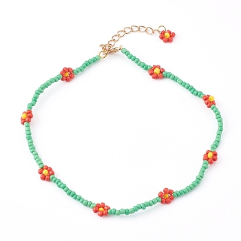 Opaque Glass Seed Beaded Necklaces, with Alloy Lobster Claw Clasps, Flower, Golden, Green, 12.59 inch(32cm)