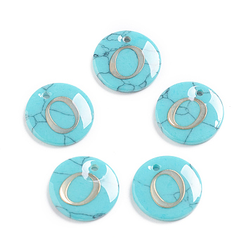 Synthetic Turquoise Charms, with Plastic Letter, Flat Round, Letter.O, 15x2mm, Hole: 1.5mm