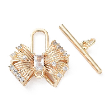 Brass Pave Clear Cubic Zirconia Toggle Clasps, with Glass, Bowknot, Real 18K Gold Plated, Bar: 4.5x21x2mm, Hole: 1.4mm, Bowknot: 20.5x19x5mm, hole: 1.5mm