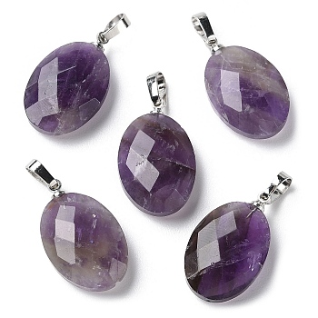 Natural Amethyst Pendants, Faceted Oval Charms with Platinum Plated Brass Snap on Bails, 21.8x13.4~13.5x6.2mm, Hole: 5.3x3.7mm