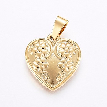 304 Stainless Steel Pendants, Heart with Flower, Golden, 19x18x2.5mm, Hole: 7x4mm