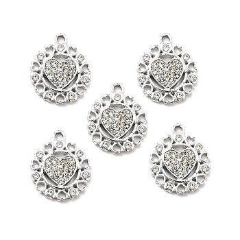 Alloy Rhinestone Pendants, Platinum Tone Flat Round with Heart Charms, Crystal, 20.5x17x2.8mm, Hole: 2mm