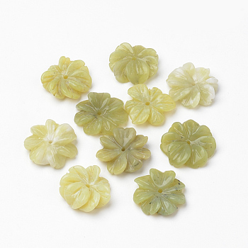 Natural Butter Jade Beads, Carved Flower, 17~18x17~18x4~6mm, Hole: 1mm