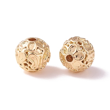 Brass Hollow Beads, Round with Flower, Golden, 7.5mm, Hole: 1.5mm