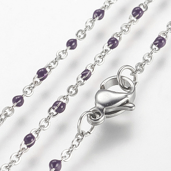 304 Stainless Steel Chain Necklaces, with Enamel, Platinum, Purple, 17.91 inch(45.5cm), 2mm